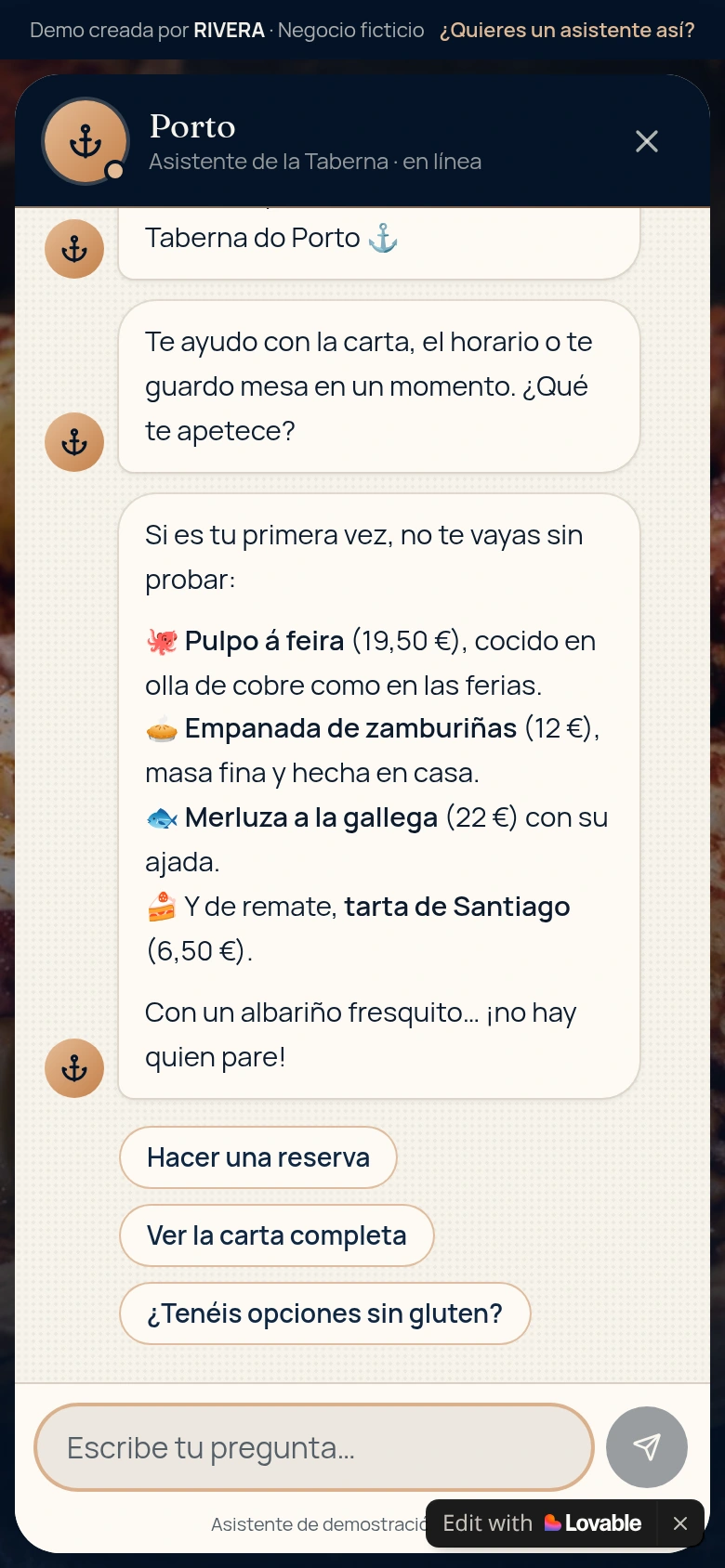 Chat real de Porto en móvil respondiendo a una pregunta de ejemplo sobre platos recomendados