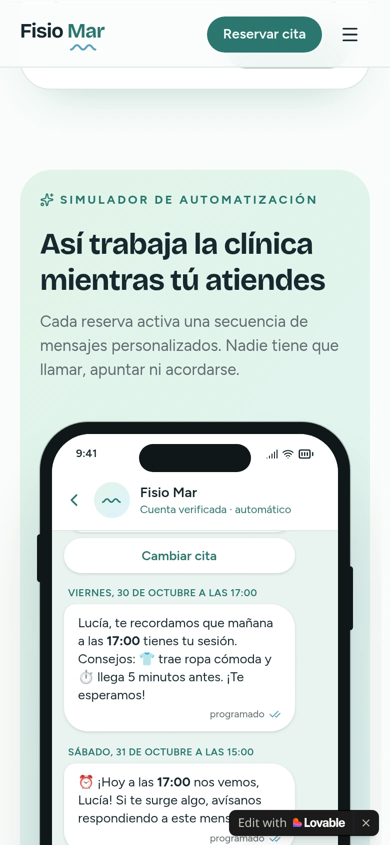 Simulador real de Fisio Mar en móvil mostrando recordatorios de cita con datos de muestra